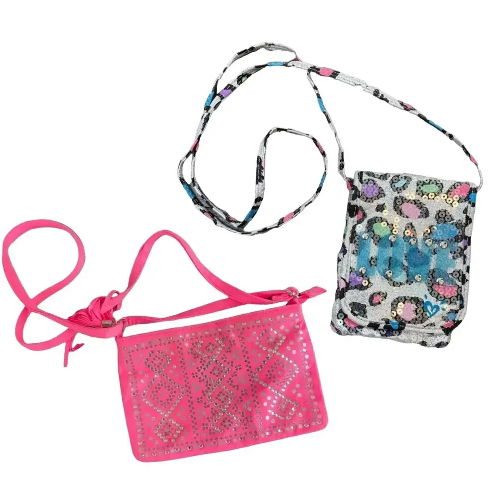 Lot of 2 Justice Purses Pink with Straps and White Blue Cheetah Print